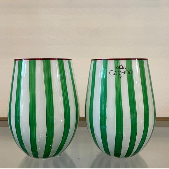 Cabana Green Striped Stemless Wine Glasses 17oz Set of 2 Holiday BarwareNEW - Picture 1 of 12